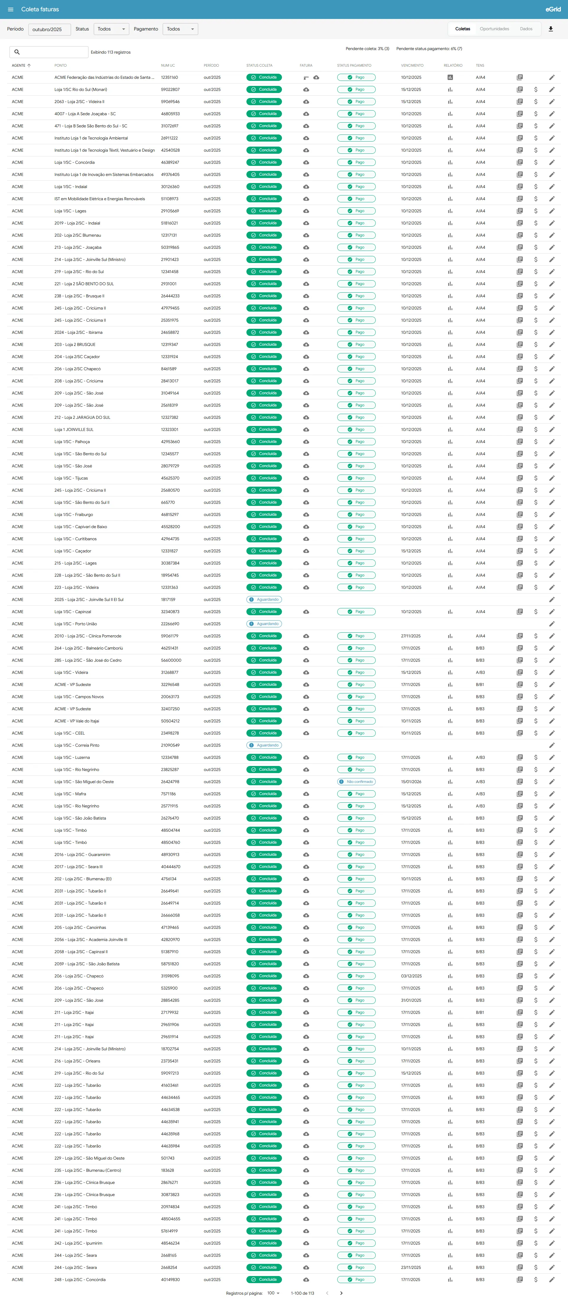 Tela de coleta e gestão de faturas de energia no eGrid